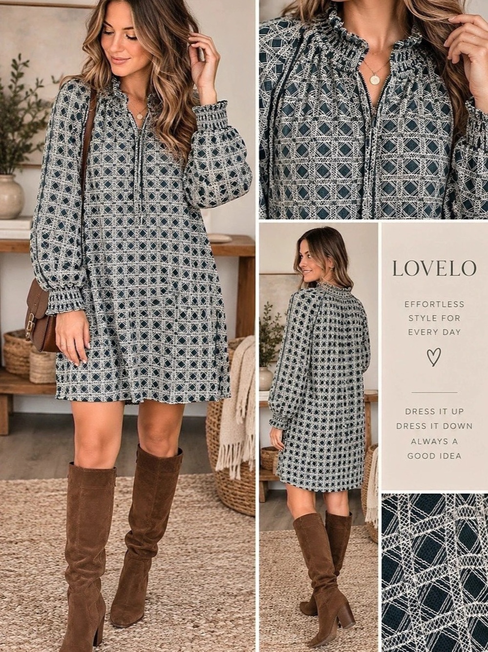 LOVELO Geometric Mini Dress in Green & White Like New